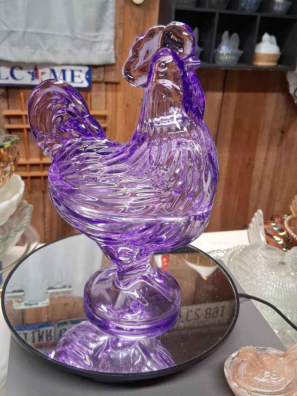 Brilliant Purple Glass Rooster Candy Dish, Standing Rooster, Hen On Nest